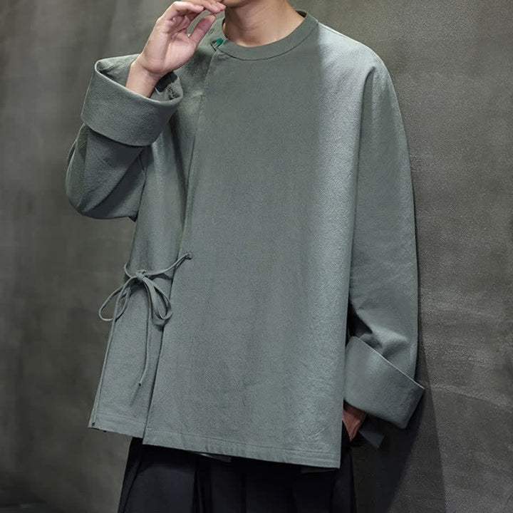 Buddha Stones Fall Tang Style Minimalist Lace-up Solid Men's Long Sleeve Shirts - image 15