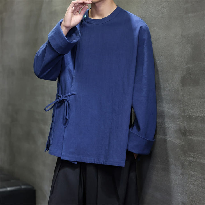 Buddha Stones Fall Tang Style Minimalist Lace-up Solid Men's Long Sleeve Shirts - image 6