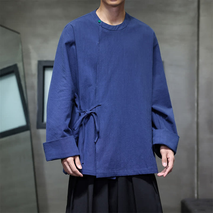 Buddha Stones Fall Tang Style Minimalist Lace-up Solid Men's Long Sleeve Shirts - Navy - US/UK/AU48，EU58 (4XL) - image 0