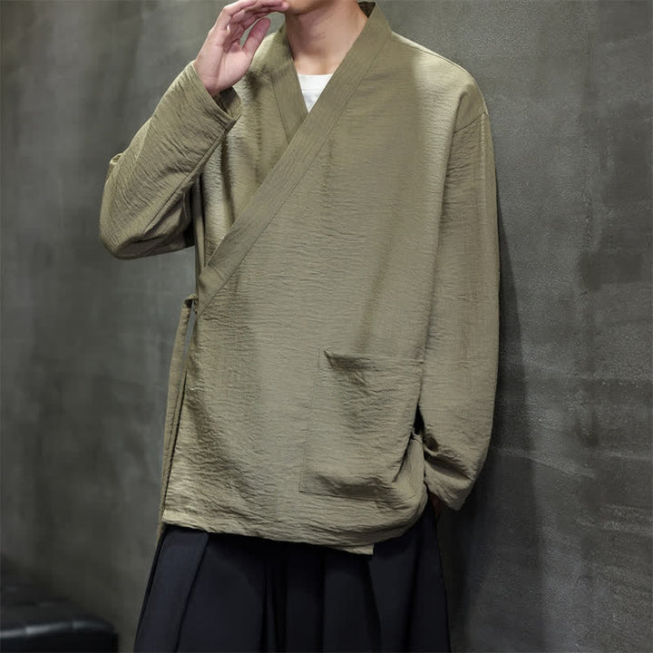 Buddha Stones Spring Casual Minimalist Tang Style Drawstring Solid Men's Kimono With Pockets - DarkKhaki - US/UK/AU48，EU58 (4XL) - image 0