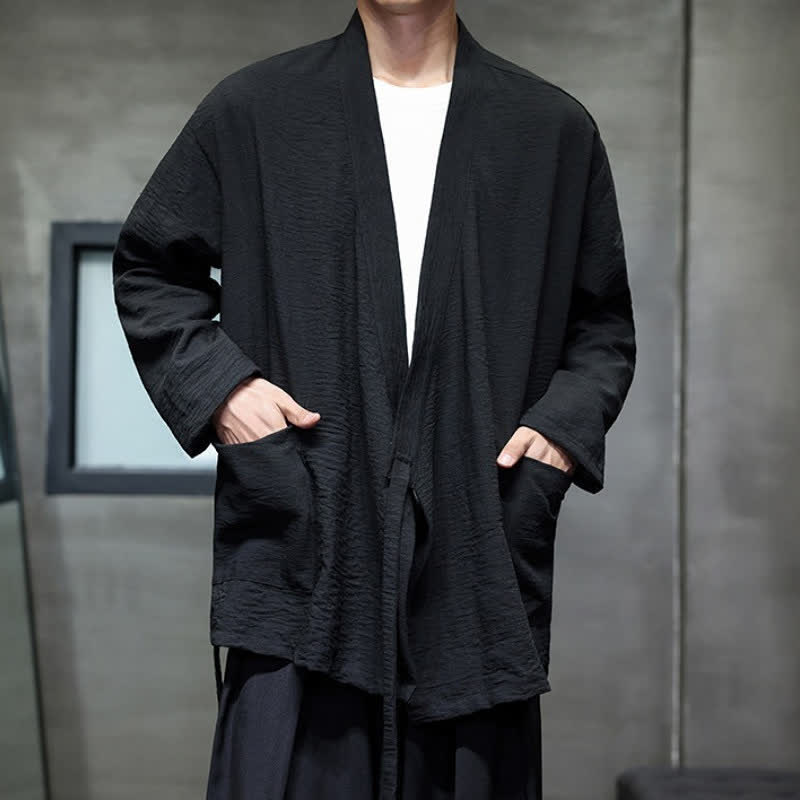 Buddha Stones Spring Casual Minimalist Tang Style Drawstring Solid Men's Kimono With Pockets - image 8