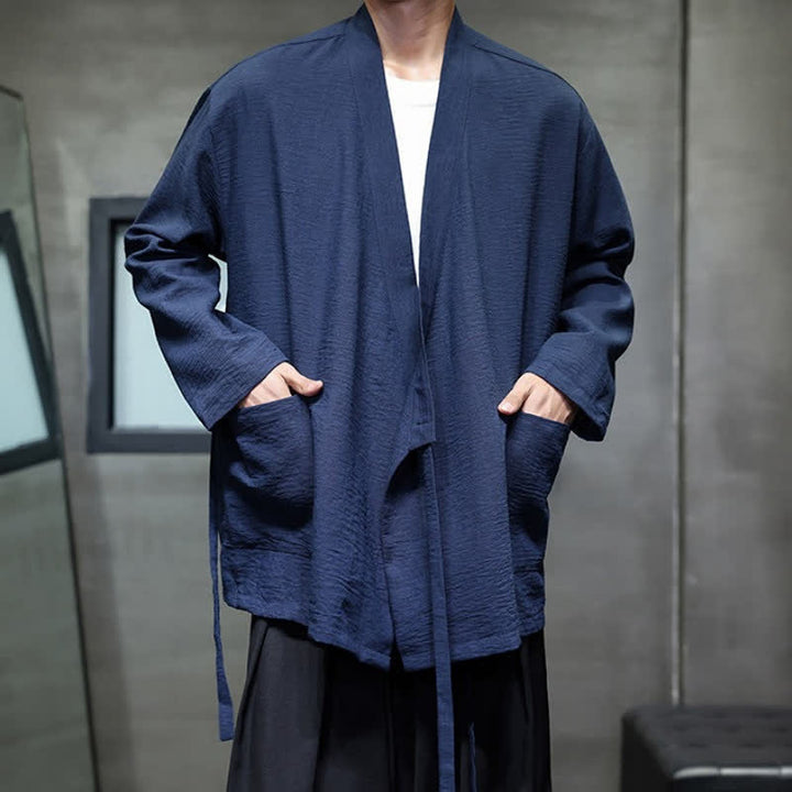 Buddha Stones Spring Casual Minimalist Tang Style Drawstring Solid Men's Kimono With Pockets - image 16