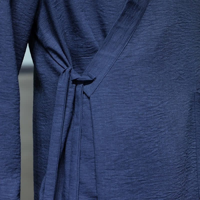 Buddha Stones Spring Casual Minimalist Tang Style Drawstring Solid Men's Kimono With Pockets - image 21