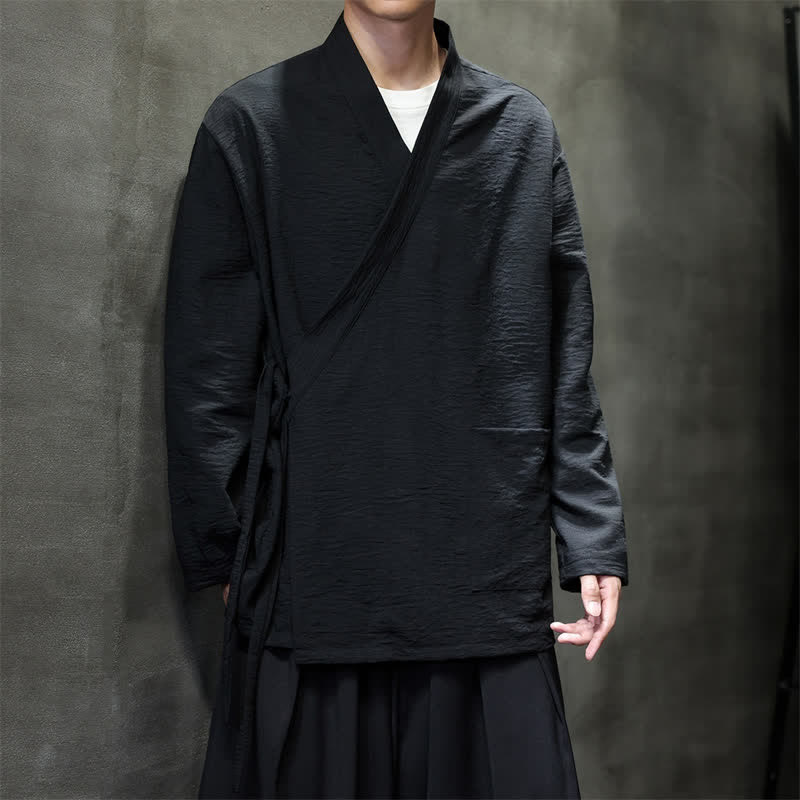 Buddha Stones Spring Casual Minimalist Tang Style Drawstring Solid Men's Kimono With Pockets - image 12