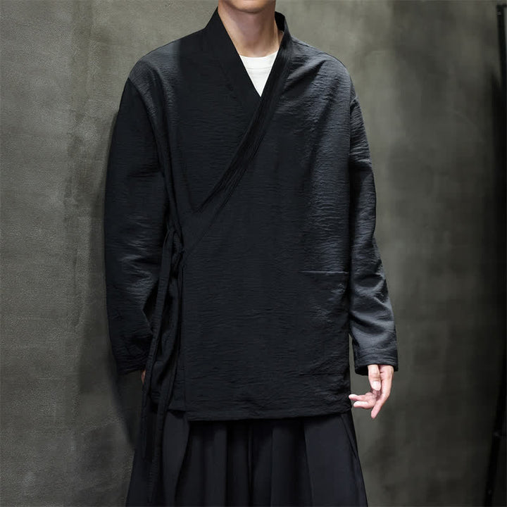 Buddha Stones Spring Casual Minimalist Tang Style Drawstring Solid Men's Kimono With Pockets - image 12