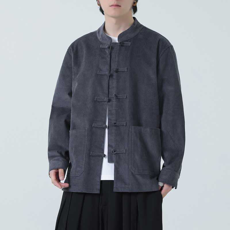 Buddha Stones Fall Winter Casual Tang Style Frog Button Solid Corduroy Men's Jacket With Pockets - DimGray - US/UK/AU46，EU56 (5XL) - image 8