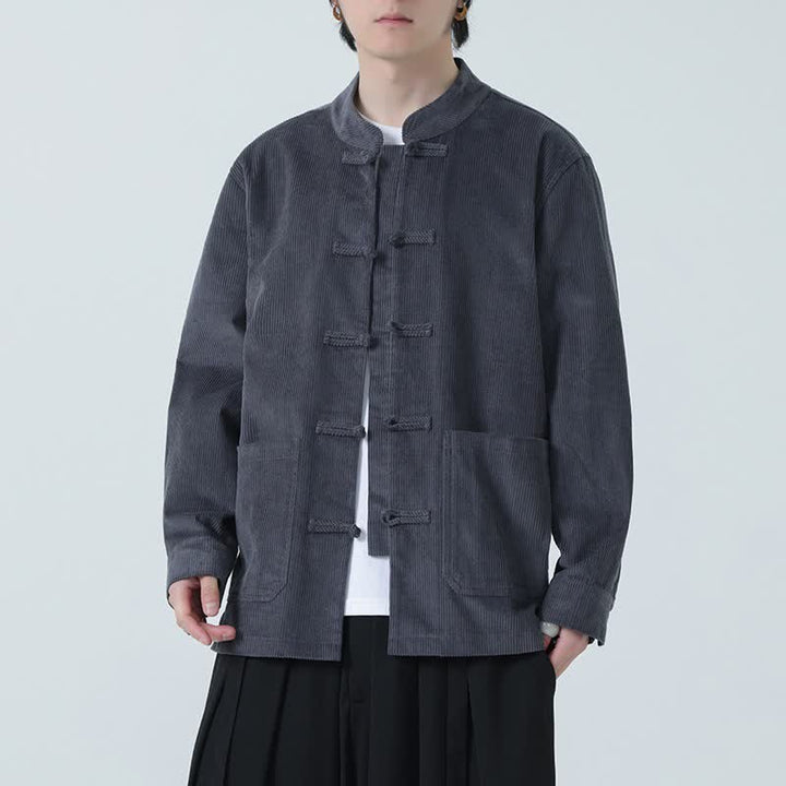 Buddha Stones Fall Winter Casual Tang Style Frog Button Solid Corduroy Men's Jacket With Pockets - DimGray - US/UK/AU46，EU56 (5XL) - image 8