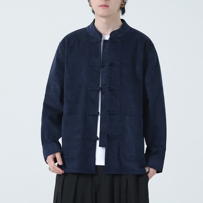 Buddha Stones Fall Winter Casual Tang Style Frog Button Solid Corduroy Men's Jacket With Pockets - image 1