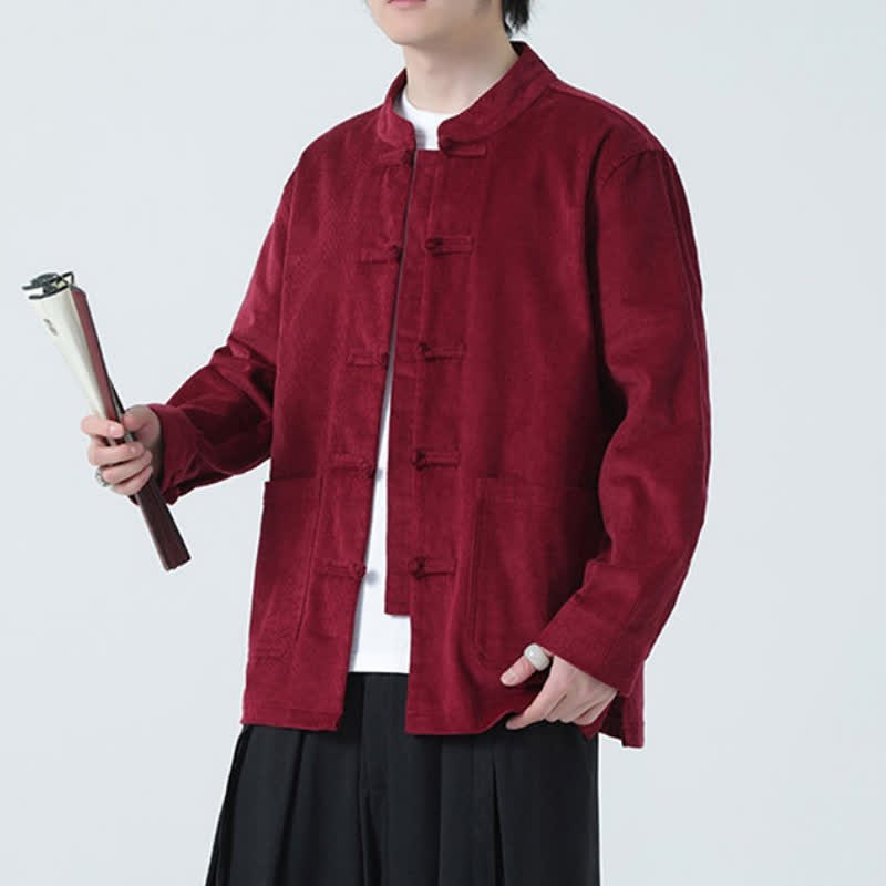 Buddha Stones Fall Winter Casual Tang Style Frog Button Solid Corduroy Men's Jacket With Pockets - image 18
