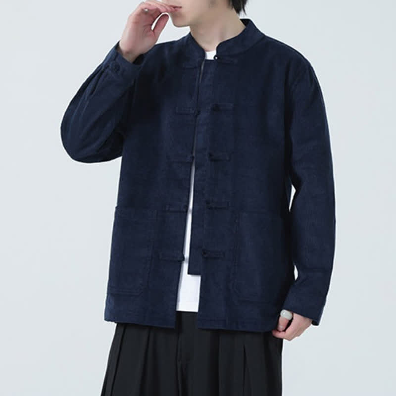 Buddha Stones Fall Winter Casual Tang Style Frog Button Solid Corduroy Men's Jacket With Pockets - image 6