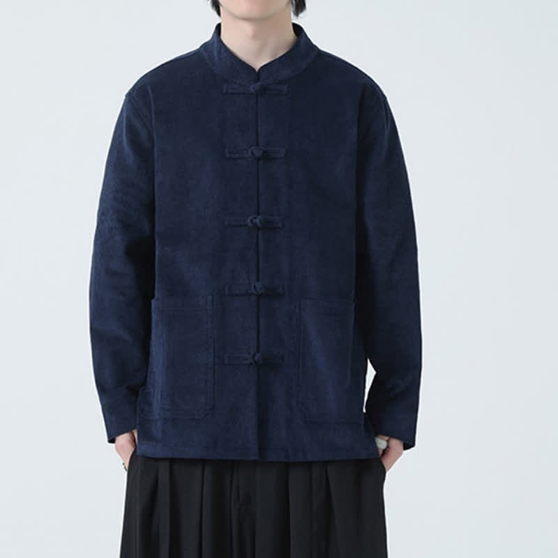 Buddha Stones Fall Winter Casual Tang Style Frog Button Solid Corduroy Men's Jacket With Pockets - image 2