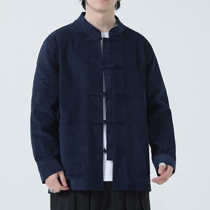 Buddha Stones Fall Winter Casual Tang Style Frog Button Solid Corduroy Men's Jacket With Pockets - image 5