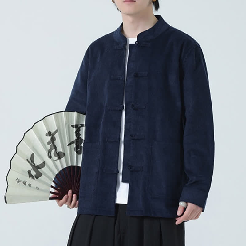 Buddha Stones Fall Winter Casual Tang Style Frog Button Solid Corduroy Men's Jacket With Pockets - image 7