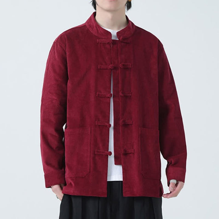 Buddha Stones Fall Winter Casual Tang Style Frog Button Solid Corduroy Men's Jacket With Pockets - image 16