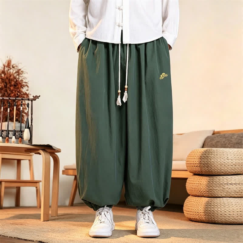 Buddha Stones Fall Casual Minimalist Drawstring Solid Embroidery Cloud Long Pants Men's Harem Pants With Pockets - image 1