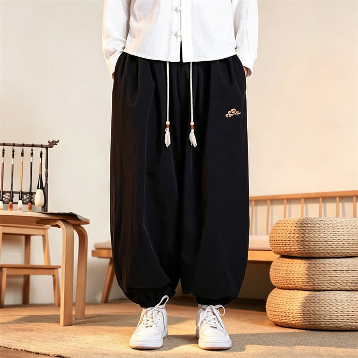 Buddha Stones Fall Casual Minimalist Drawstring Solid Embroidery Cloud Long Pants Men's Harem Pants With Pockets - Black - US/UK/AU46，EU56 (5XL) - image 7