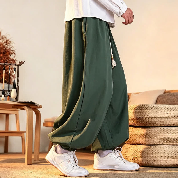 Buddha Stones Fall Casual Minimalist Drawstring Solid Embroidery Cloud Long Pants Men's Harem Pants With Pockets - image 3