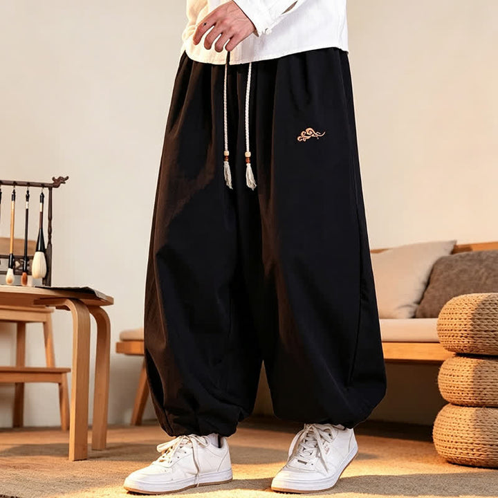 Buddha Stones Fall Casual Minimalist Drawstring Solid Embroidery Cloud Long Pants Men's Harem Pants With Pockets - image 9