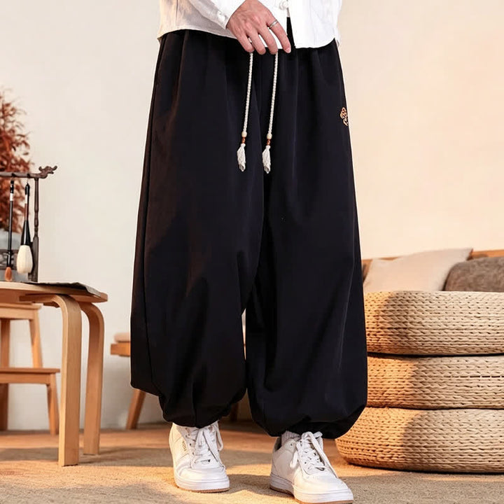 Buddha Stones Fall Casual Minimalist Drawstring Solid Embroidery Cloud Long Pants Men's Harem Pants With Pockets - image 8