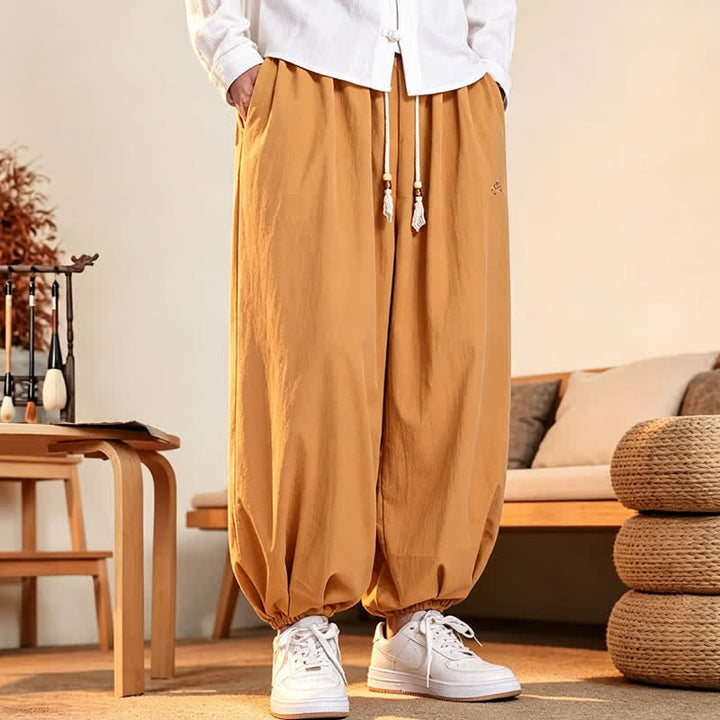Buddha Stones Fall Casual Minimalist Drawstring Solid Embroidery Cloud Long Pants Men's Harem Pants With Pockets - image 15