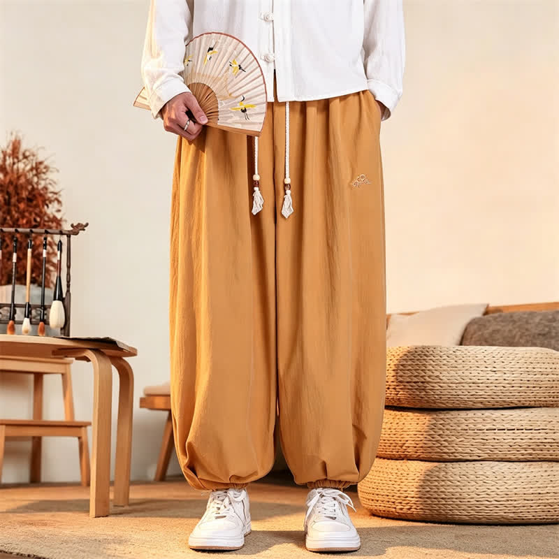 Buddha Stones Fall Casual Minimalist Drawstring Solid Embroidery Cloud Long Pants Men's Harem Pants With Pockets - image 19