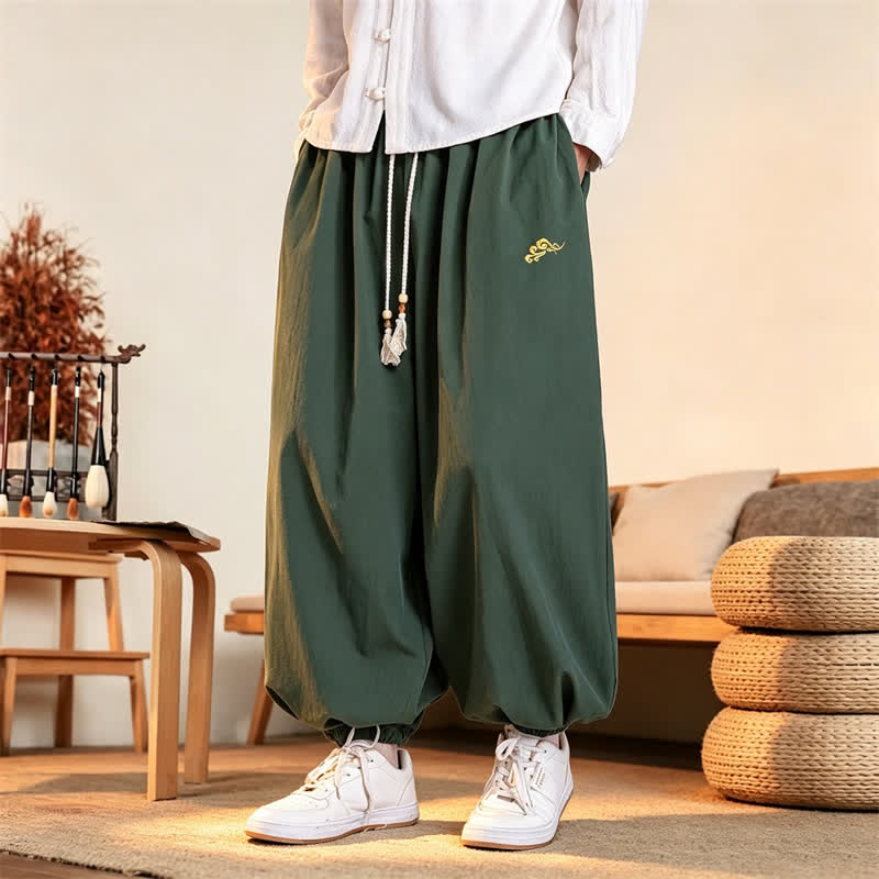 Buddha Stones Fall Casual Minimalist Drawstring Solid Embroidery Cloud Long Pants Men's Harem Pants With Pockets - DarkSeaGreen - US/UK/AU46，EU56 (5XL) - image 0