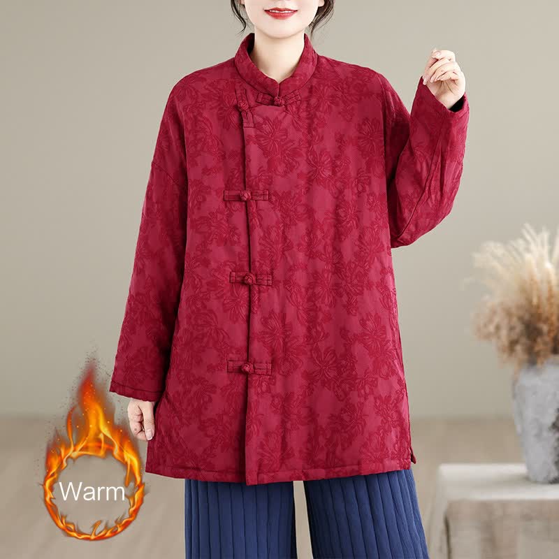 Buddha Stones Fall Winter Vintage Tang Style Mandarin Collar Frog Button Floral Women's Jacket With Pocket - DarkRed - US8-10，UK/AU12-14，EU40-42 (2XL) - image 0