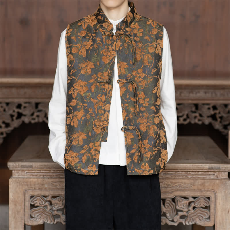 Buddha Stones Fall Vintage Tang Style Frog Button Floral Leaves Tank Top Men's Vest - Sienna - US/UK/AU46，EU56 (5XL) - image 0