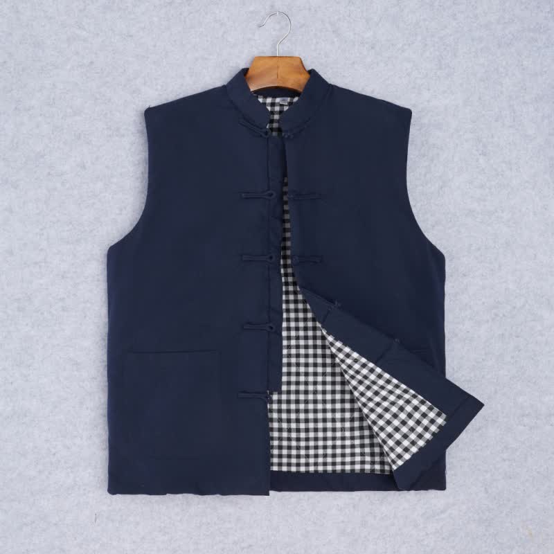 Buddha Stones Spring Fall Minimalist Tang Style Mandarin Collar Knot Button Solid Tank Top Men's Vest With Pocket - MidnightBlue - US/UK/AU44，EU54 (4XL) - image 1