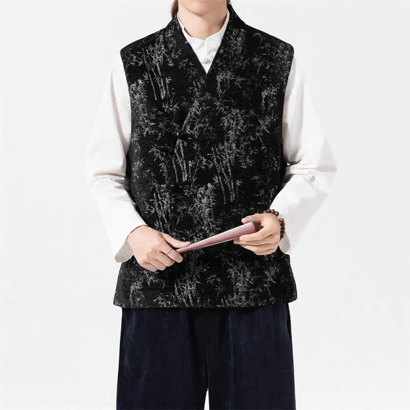 Buddha Stones Fall Tang Style Vintage Button-Up Bamboo Abstract Tank Top Men's Vest - Black - US/UK/AU46，EU56 (5XL) - image 0