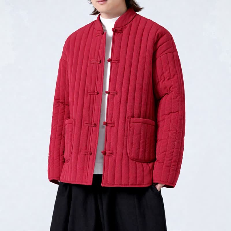 Buddha Stones Fall Winter Tang Style Minimalist Quilted Design Frog Button Solid Men's Jacket With Pockets - image 13