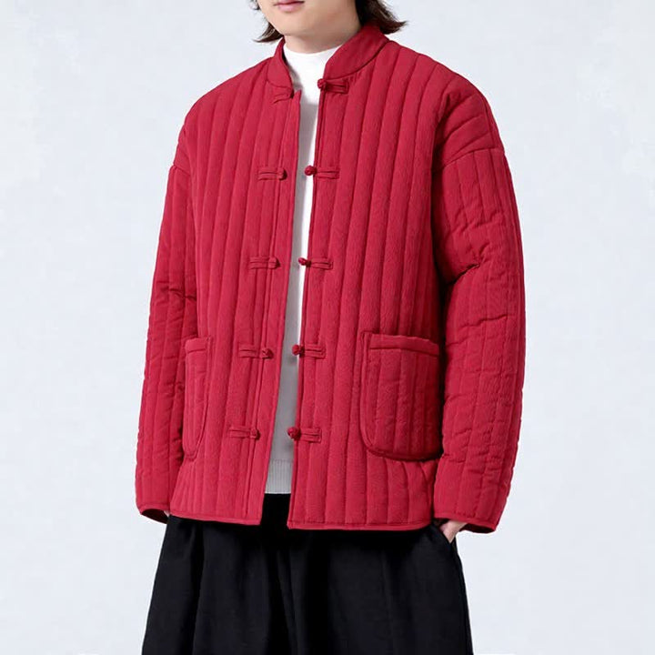 Buddha Stones Fall Winter Tang Style Minimalist Quilted Design Frog Button Solid Men's Jacket With Pockets - image 13