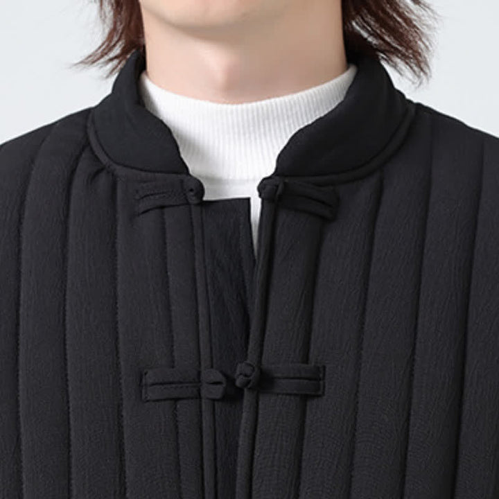 Buddha Stones Fall Winter Tang Style Minimalist Quilted Design Frog Button Solid Men's Jacket With Pockets - image 9