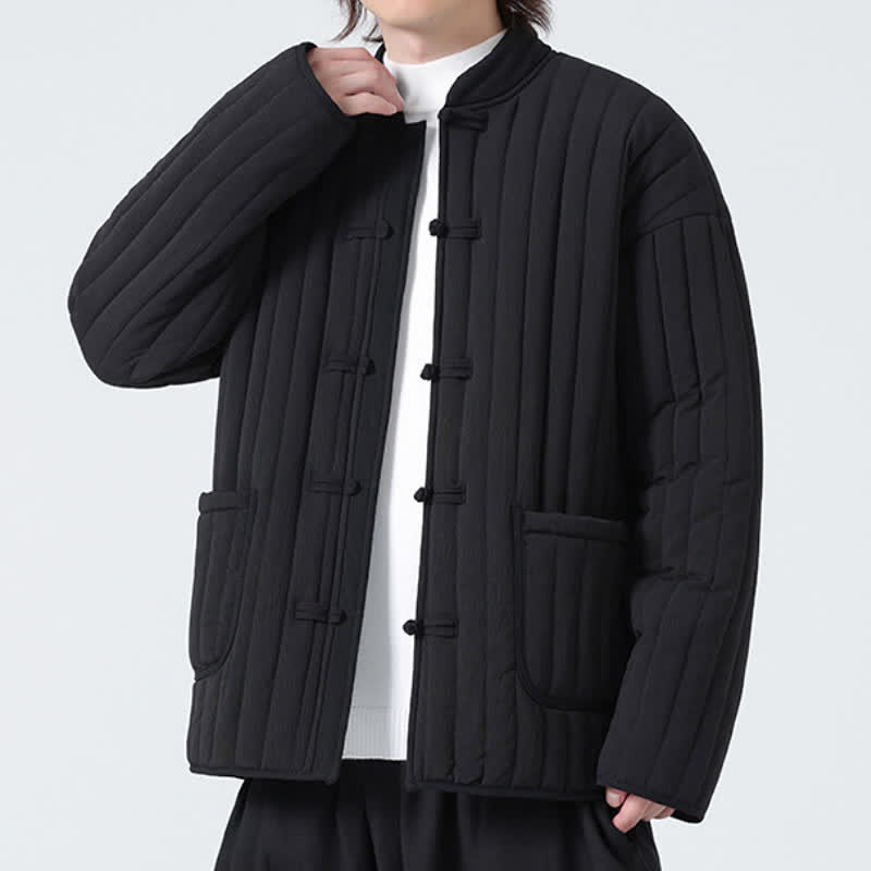 Buddha Stones Fall Winter Tang Style Minimalist Quilted Design Frog Button Solid Men's Jacket With Pockets - image 6