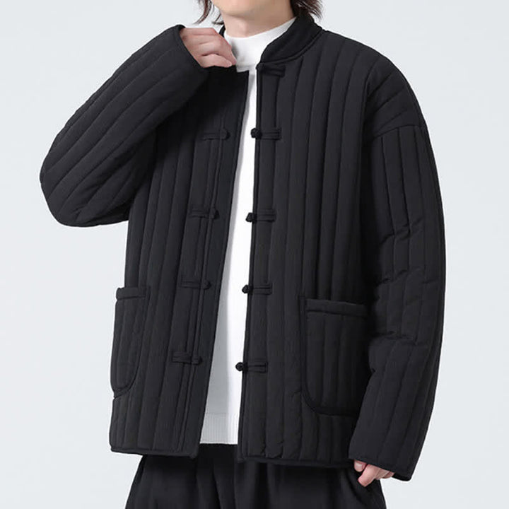 Buddha Stones Fall Winter Tang Style Minimalist Quilted Design Frog Button Solid Men's Jacket With Pockets - image 6