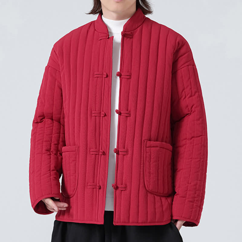 Buddha Stones Fall Winter Tang Style Minimalist Quilted Design Frog Button Solid Men's Jacket With Pockets - image 20