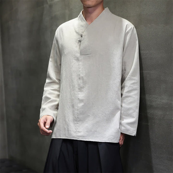 Buddha Stones Spring Summer Tang Style Casual Frog Button Solid Cotton Men's Long Sleeve Shirts - LightGray - US/UK/AU46，EU56 (5XL) - image 9