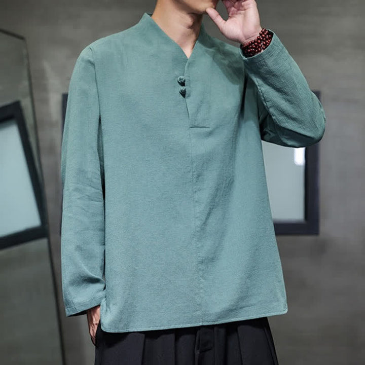 Buddha Stones Spring Summer Tang Style Casual Frog Button Solid Cotton Men's Long Sleeve Shirts - image 3