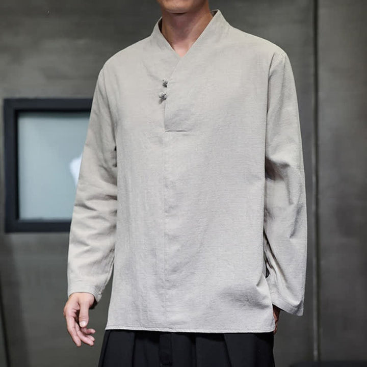 Buddha Stones Spring Summer Tang Style Casual Frog Button Solid Cotton Men's Long Sleeve Shirts - image 16