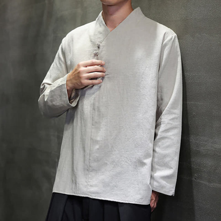 Buddha Stones Spring Summer Tang Style Casual Frog Button Solid Cotton Men's Long Sleeve Shirts - image 12