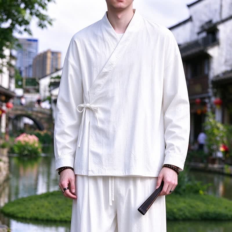 Buddha Stones Spring Fall Tang Style Meditation Drawstring Solid Cotton Linen Men's Kimono - White - US/UK/AU46，EU56 (5XL) - image 18
