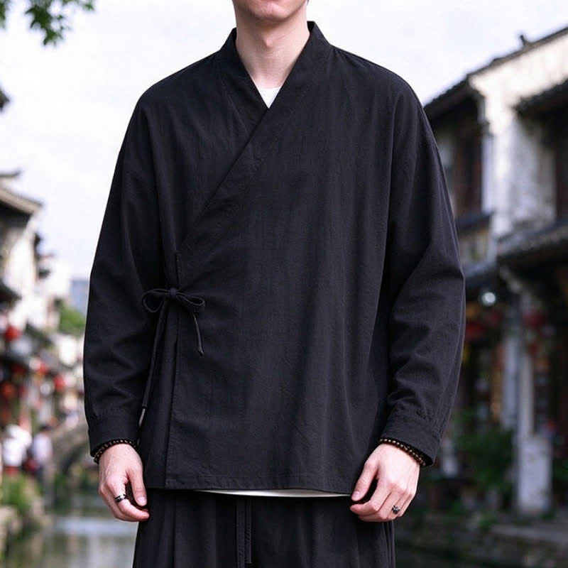Buddha Stones Spring Fall Tang Style Meditation Drawstring Solid Cotton Linen Men's Kimono - image 11