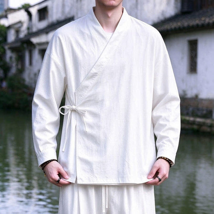 Buddha Stones Spring Fall Tang Style Meditation Drawstring Solid Cotton Linen Men's Kimono - image 19