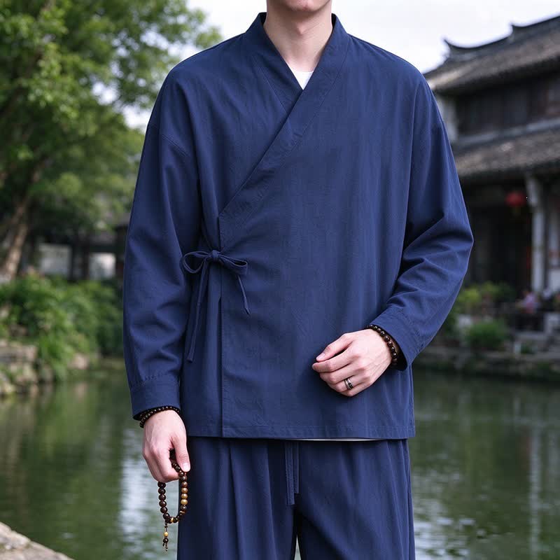 Buddha Stones Spring Fall Tang Style Meditation Drawstring Solid Cotton Linen Men's Kimono - image 3