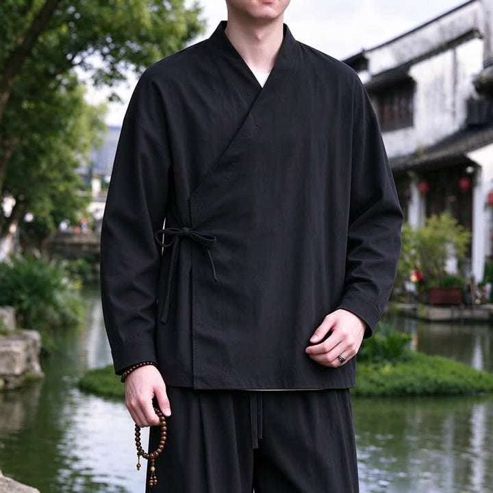 Buddha Stones Spring Fall Tang Style Meditation Drawstring Solid Cotton Linen Men's Kimono - image 12