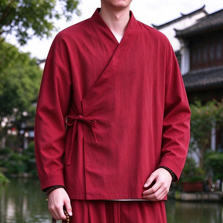 Buddha Stones Spring Fall Tang Style Meditation Drawstring Solid Cotton Linen Men's Kimono - image 17