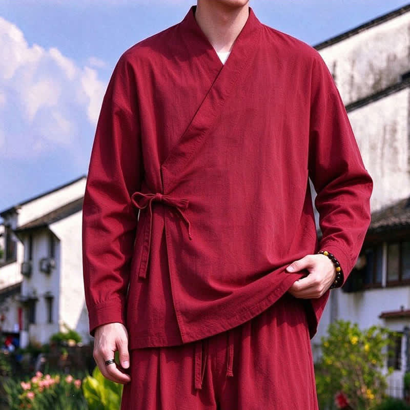 Buddha Stones Spring Fall Tang Style Meditation Drawstring Solid Cotton Linen Men's Kimono - image 14
