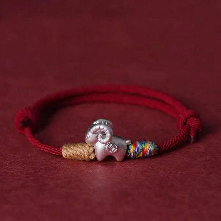 Buddha Stones Year of the Goat 999 Sterling Silver Sheep Red String Protection Bracelet - Burgundy - image 2