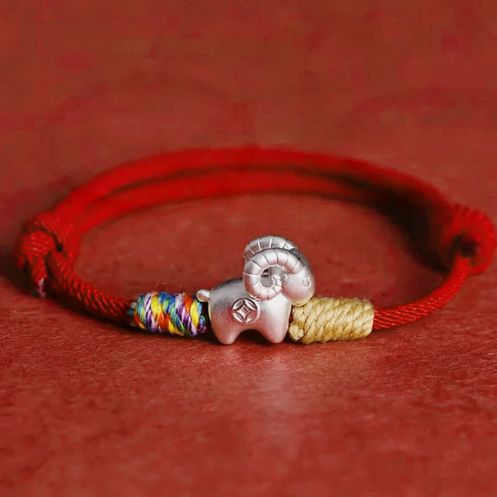 Buddha Stones Year of the Goat 999 Sterling Silver Sheep Red String Protection Bracelet - Bright Red - image 0