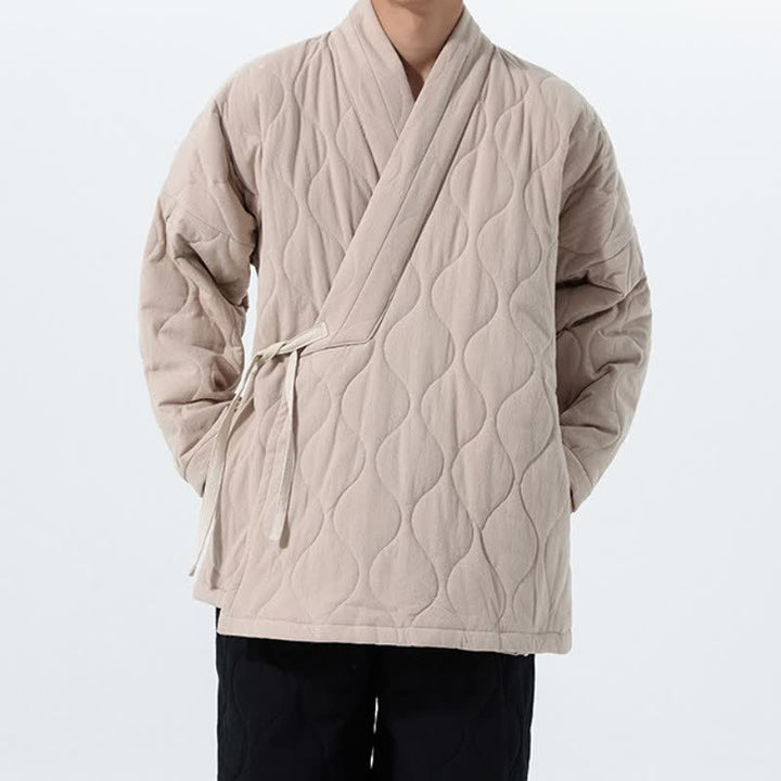 Buddha Stones Fall Winter Casual Tang Style Drawstring Quilted Solid Cotton Men's Kimono With Pockets - image 33